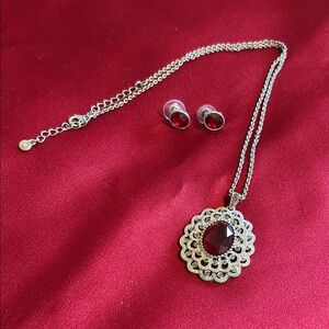 Elegant Silver Necklace and Earring Set with Red Gemstone